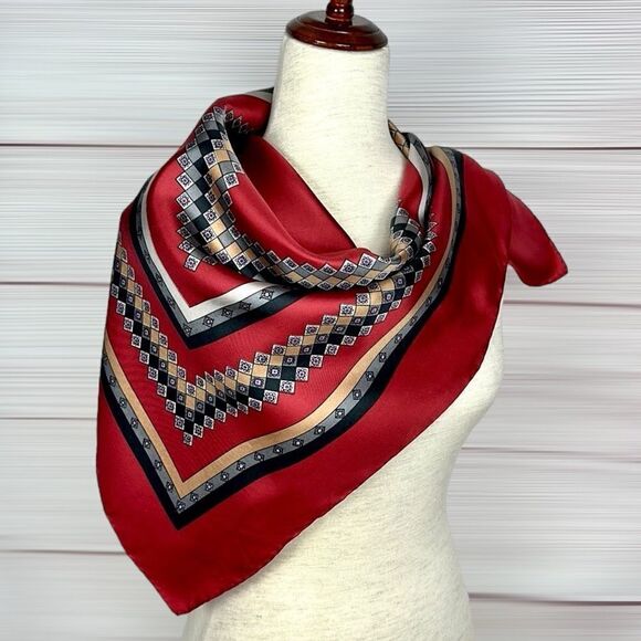 Red Silk Square Scarf by Golden Camel Hand Printed Hand Rolled - Picture 8 of 12